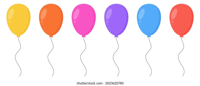 Juego de globos de dibujos animados de diferentes colores. Diseño para cumpleaños y fiesta.  Balón volador con cuerda. Ilustración del vector aislada en fondo blanco