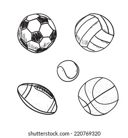 Set of cartoon balls: a basketball, soccer ball, rugby ball, tennis ball, volleyball.