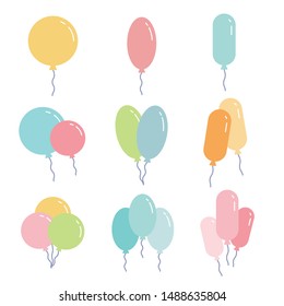 Set of cartoon baloons and balloon bunches. Decorative flat illustration for birthday cards or anniversary events and other