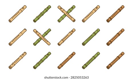 Set of Cartoon Bamboo Flute Icons, Traditional Asian Musical Woodwind Instruments
