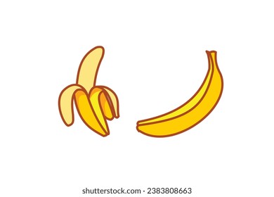 Set of cartoon banana drawings: single and peeled banana.Vector clip art
