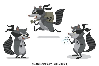 Set Of Cartoon Bandit Raccoon In Robber Masks. They Look Like They Robbed A Bank Recently. Vector Illustration