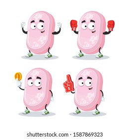 set of cartoon bar of pink soap character mascot on white background