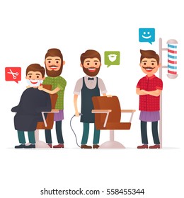 Set cartoon barber, barbershop. Making haircut. Bearded man getting haircut. Barbershop character. Cute barber. Vector isolated illustration