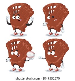 set of cartoon baseball glove mascot on white background