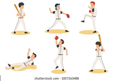 set of cartoon baseball players. People play baseball in different roles and poses. vector illustration.