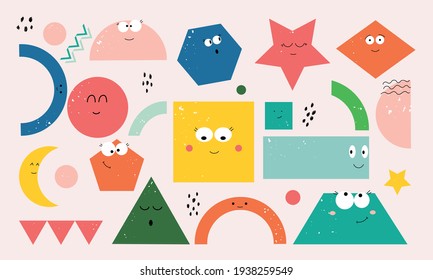 Set of cartoon basic geometric shapes with face smiling. Funny shapes educational material for preschool kids. Hand drawn trendy Vector illustration for kids. All elements are isolated