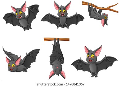 Set of cartoon bat with different expressions. vector illustration