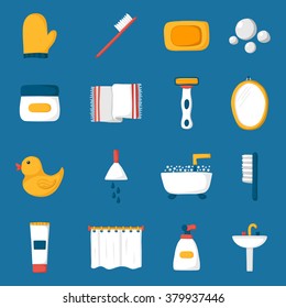 Set of cartoon bathroom icons: bath, duck, toothbrush, towel, sink, creams, mirror. Indoor house concept. Bath things design