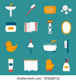 Set of cartoon bathroom icons: bath, duck, toothbrush, towel, sink, creams, mirror. Indoor house concept. Bath things design. Vector bathroom icons. Cute objects on bathroom theme