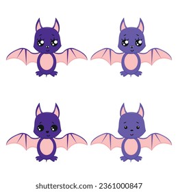  Set of cartoon bats in kawaii style.Cute autumn design. Cute holiday sketch. Magic print for Halloween