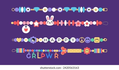 Set of cartoon beads bracelets. Plastic accessories elements with letters, bunny, heart, grlpwr, happy flowers. Handmade friendship bracelets illustration. Vector