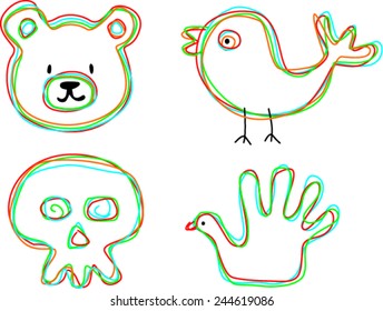 set of cartoon bear, bird, skull, hand, hand drawn design elements 