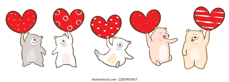 Set of Cartoon Bear Holding Heart Characters on Isolated Background. Vector Illustration.