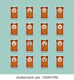 Set of cartoon bear stickers emoticons. Character design. Bear face emotions. Vector Illustration