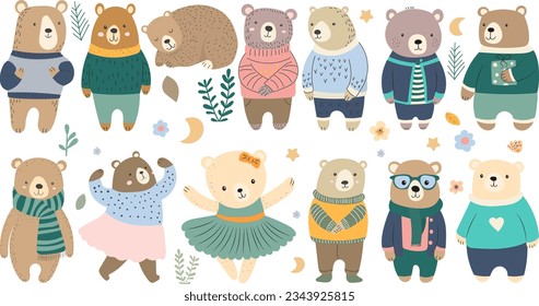 set of cartoon bears in flat style vector