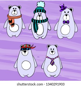 Set with cartoon bears, hand drawn style. Forest characters. Vector kids illustration, natural backdrop in children style.
