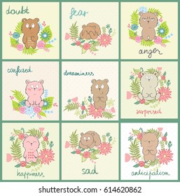 Set of cartoon bears with various emotions.