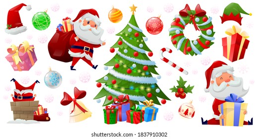 Set of cartoon beatuful Christmas elements and decor. Christmas holiday decoration icons with santa, Christmas tree, presents, elf's hat, ball. Colorful decorations. Vector illustration