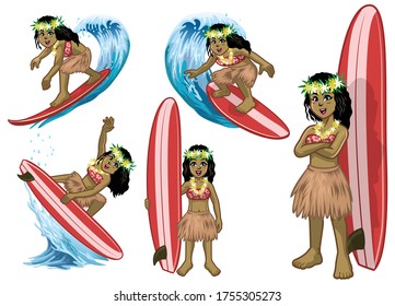 set of cartoon beautiful hawaiian surfer girl