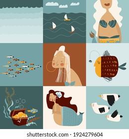 Set of cartoon beautiful mermaids and sea elements