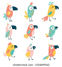 Set of cartoon beautiful parrots and wild birds. Funny baby macaw parrots. Vector illustration on a white isolated background.