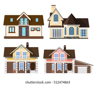 Set Cartoon beautiful small cozy rural houses on a white background. Vector illustration