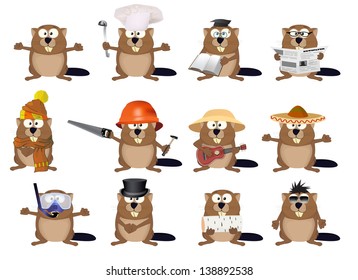 Set of cartoon beavers