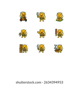 Set of cartoon bee illustrations celebrating Eid al-Adha. Each bee character is depicted performing different activities related to the holiday, perfect for greeting cards and decorations.