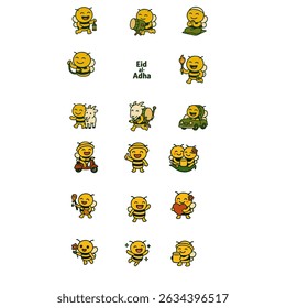 Set of cartoon bee illustrations celebrating Eid al-Adha. Each bee character is depicted performing different activities related to the holiday, perfect for greeting cards and decorations.