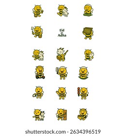 Set of cartoon bee illustrations celebrating Eid al-Adha. Each bee character is depicted performing different activities related to the holiday, perfect for greeting cards and decorations.