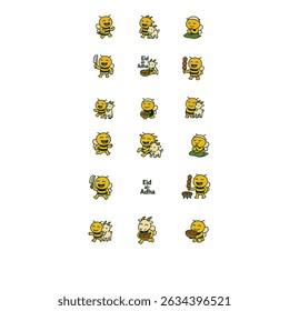 Set of cartoon bee illustrations celebrating Eid al-Adha. Each bee character is depicted performing different activities related to the holiday, perfect for greeting cards and decorations.