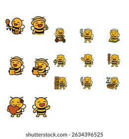 Set of cartoon bee illustrations celebrating Eid al-Adha. Each bee character is depicted performing different activities related to the holiday, perfect for greeting cards and decorations.
