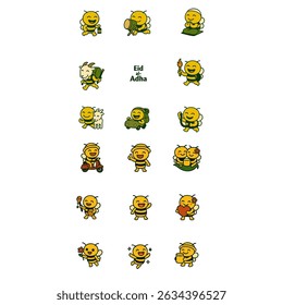 Set of cartoon bee illustrations celebrating Eid al-Adha. Each bee character is depicted performing different activities related to the holiday, perfect for greeting cards and decorations.