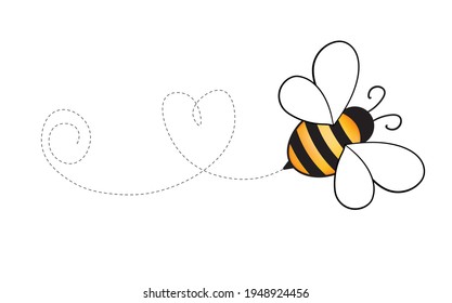 Set of cartoon bee mascot. A small bees flying on a dotted route. Wasp collection. Vector characters. Incest icon. Template design for invitation, cards. Doodle style.