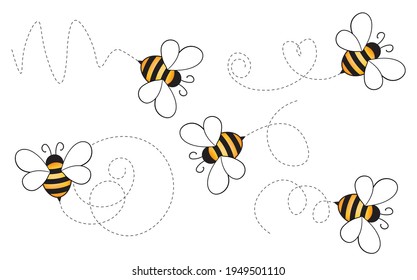 Set of cartoon bee mascot. A small bees flying on a dotted route. Wasp collection. Vector characters. Incest icon. Template design for invitation, cards. Doodle style.