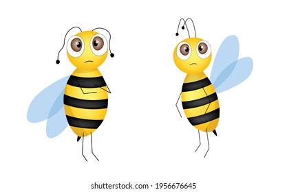 Set of cartoon bee mascot. A small bees flying. Wasp collection. Vector characters. Incest icon. Template design for invitation, cards. Doodle style