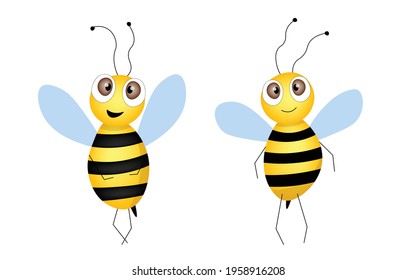 Set of cartoon bee mascot. A small bees flying. Wasp collection. Vector characters. Incest icon. Template design for invitation, cards. Doodle style