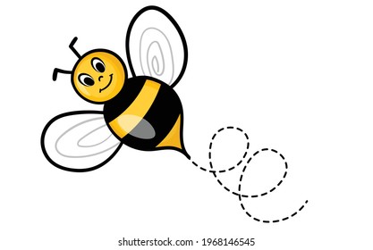 Set of cartoon bee mascot. A small bees flying on a dotted route. Wasp collection. Vector characters. Incest icon. Template design for invitation, cards. Doodle style.
