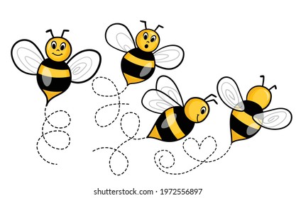 Set of cartoon bee mascot. A small bees flying on a dotted route. Wasp collection. Vector characters. Incest icon. Template design for invitation, cards. Doodle style.