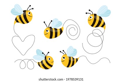 Set of cartoon bee mascot. A small bees flying on a dotted route. Wasp collection. Vector characters. Incest icon. Template design for invitation, cards. Doodle style.