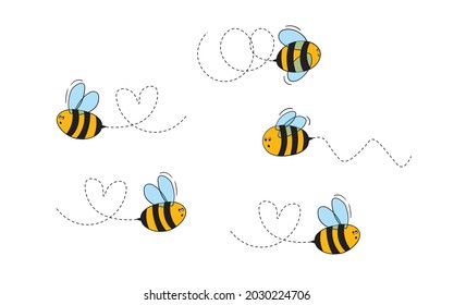 Set of cartoon bee mascot. A small bees flying on a dotted route. Wasp collection. Vector characters. Incest icon. Template design for invitation, cards. Doodle style.