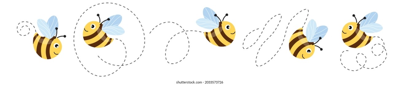 Set of cartoon bee mascot. A small bees flying on a dotted route. Wasp collection. Vector characters. Incest icon. Template design for invitation, cards. Doodle style.