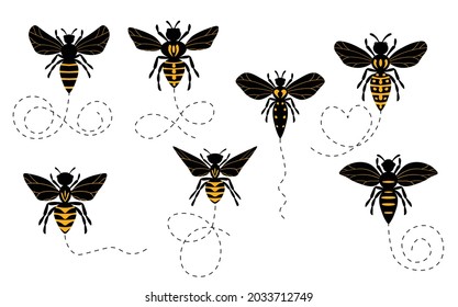 Set of cartoon bee mascot. A small bees flying on a dotted route. Wasp collection. Vector characters. Incest icon. Template design for invitation, cards. Doodle style.