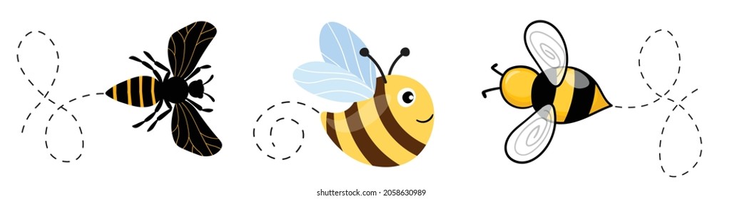 Set of cartoon bee mascot. A small bees flying on a dotted route. Wasp collection. Vector characters. Incest icon. Template design for invitation, cards. Doodle style.