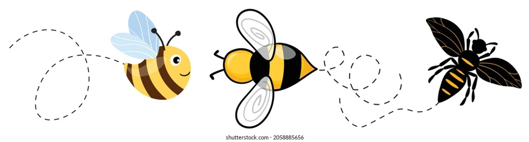 Set of cartoon bee mascot. A small bees flying on a dotted route. Wasp collection. Vector characters. Incest icon. Template design for invitation, cards. Doodle style.