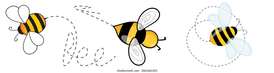 Set of cartoon bee mascot. A small bees flying on a dotted route. Wasp collection. Vector characters. Incest icon. Template design for invitation, cards. Doodle style.