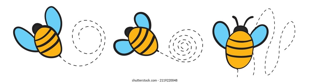 Set of cartoon bee mascot. A small bees flying on a dotted route. Wasp collection. Vector characters. Incest icon. Template design for invitation, cards. Doodle style.