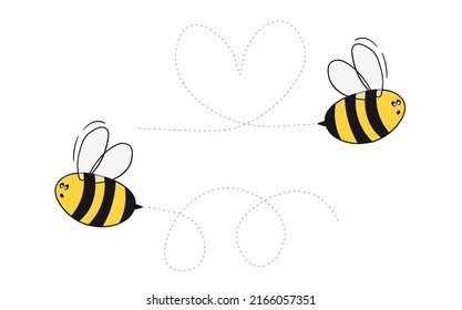 Set of cartoon bee mascot. A small bees flying on a dotted route. Wasp collection. Vector characters. Incest icon. Template design for invitation, cards. Doodle style.