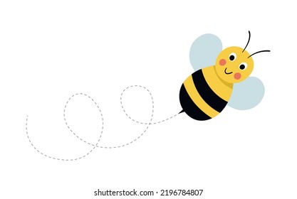 Set of cartoon bee mascot. A small bees flying on a dotted route. Wasp collection. Vector characters. Incest icon. Template design for invitation, cards. Doodle style.